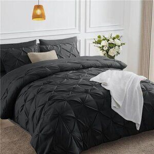 HIMEET Queen Comforter Set 7 Piece Black Pinch Pleat Bed in a Bag Bedding